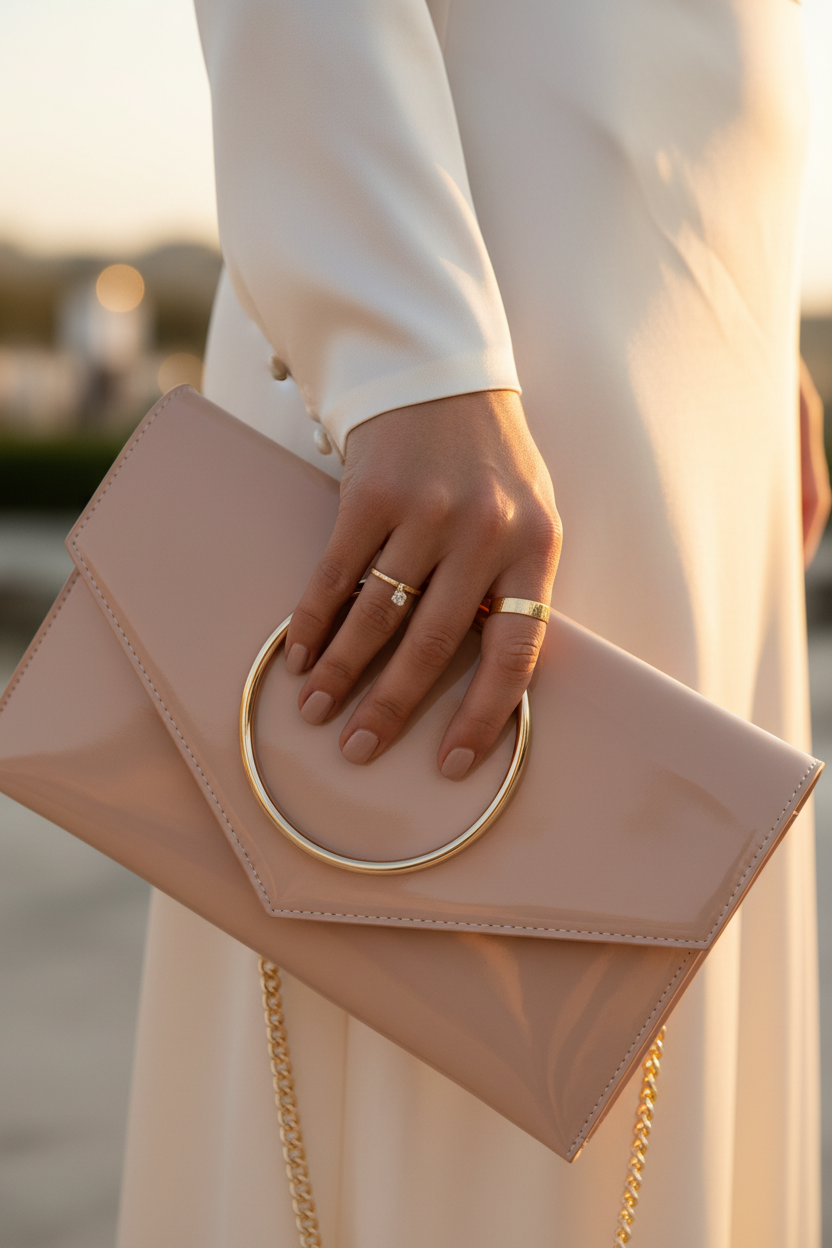 Nude Patent Clutch Held by Gold Ring Handle