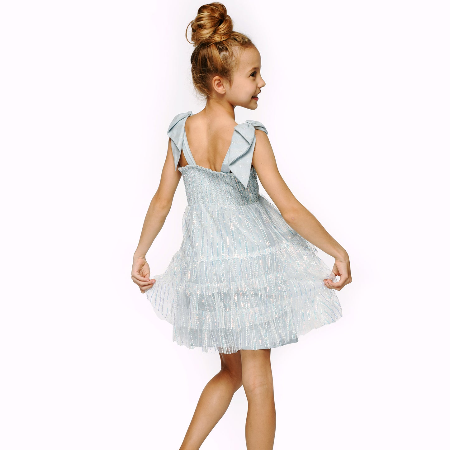 Girls Blue Sequin Tiered Babydoll Dress | Bow Strap Party Dress Sizes 5-12 12 Girls Blue Sequin Tiered Babydoll Dress | Bow Strap Party Dress Sizes 5-12 12