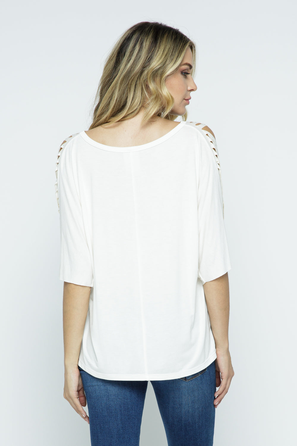 Short Sleeve with  Laser Cut Top Rhinestones - Off White