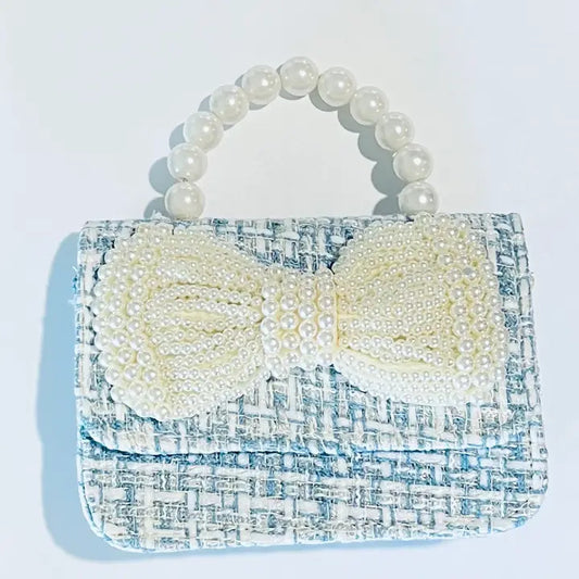 Girls' Pearl Bow Tweed Bag w/handle and chain strap