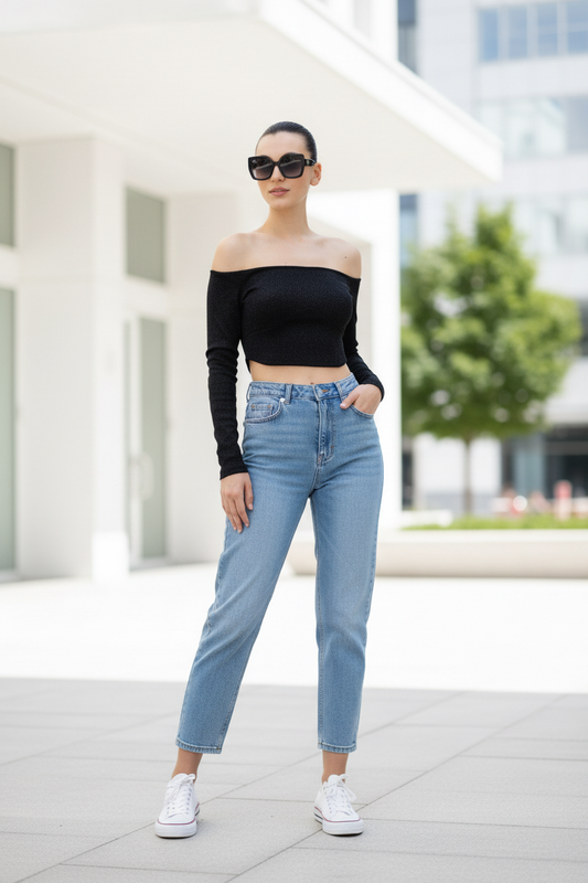 Off-Shoulder Sparkle Crop Top Lifestyle - Jeans & Sneakers