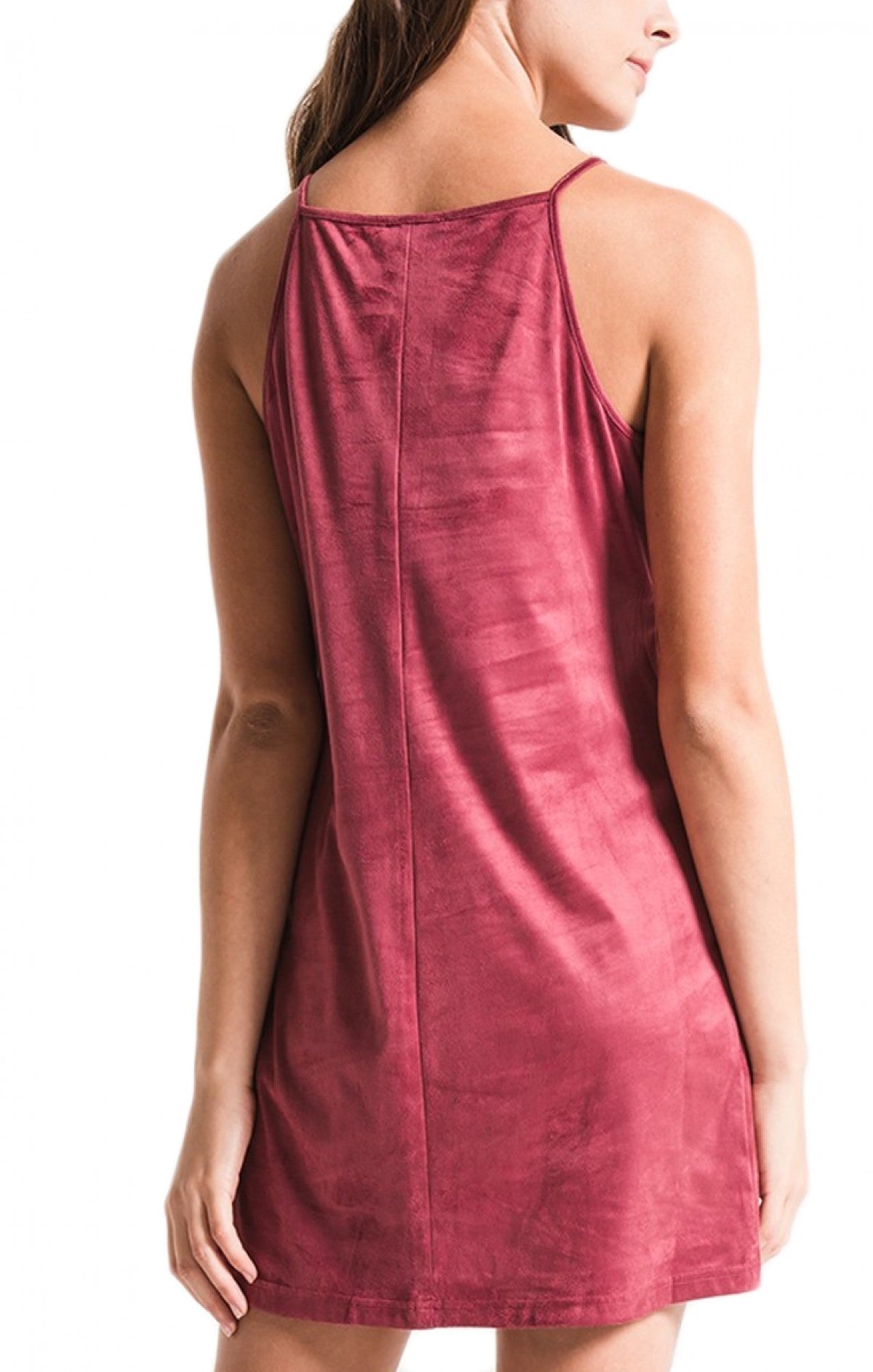 Maroon Ruffle Front Suede Dress