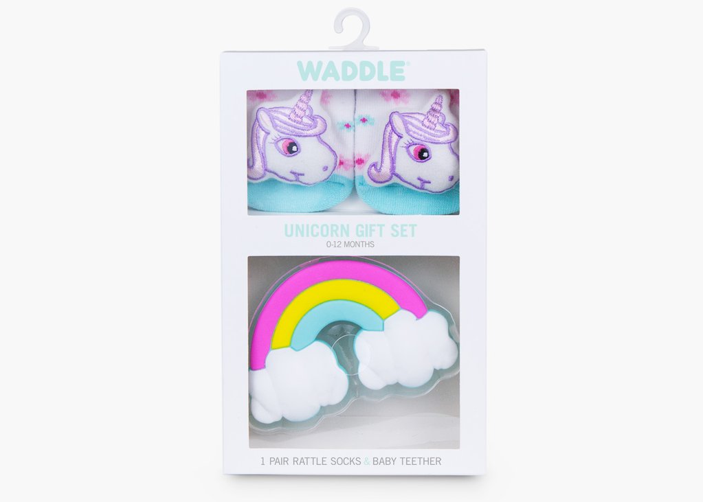 Unicorn Rattle Socks & Rainbow Teether Baby Gift Set 0-12M