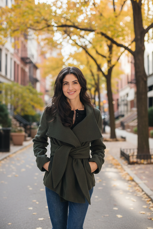 Woman wearing olive green belted wrap coat with high collar walking through autumn urban setting