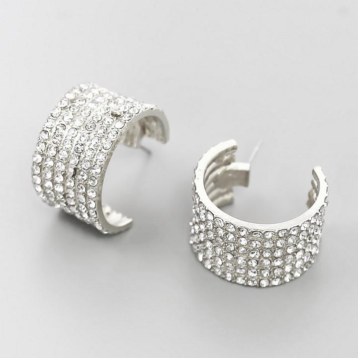 Glass Stone Pave Thick Hoops - Silver