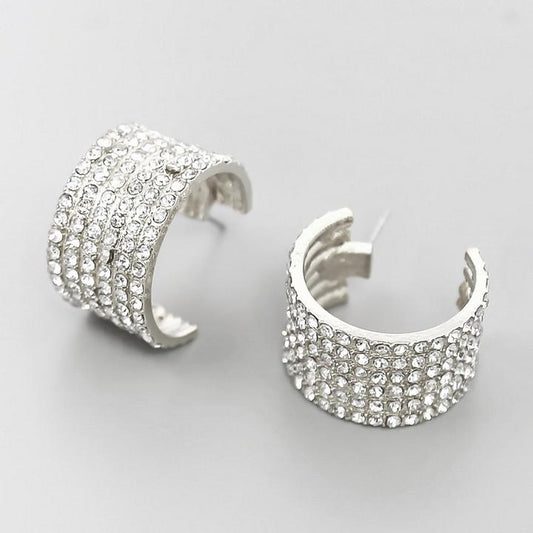 Glass Stone Pave Thick Hoops - Silver
