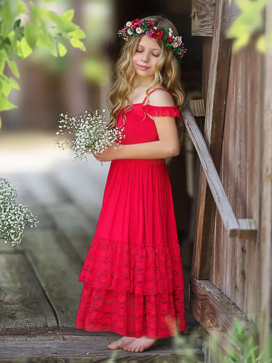 Girls' Ruby Red Tiered Lace Ruffle Maxi