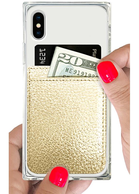 Gold Faux Leather Phone Pocket | Stick-On Card Holder for Smartphones