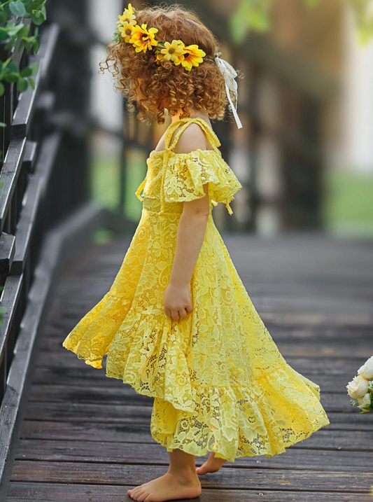 Girls' Yellow Floral Lace Hi Lo Cold Shoulder Maxi