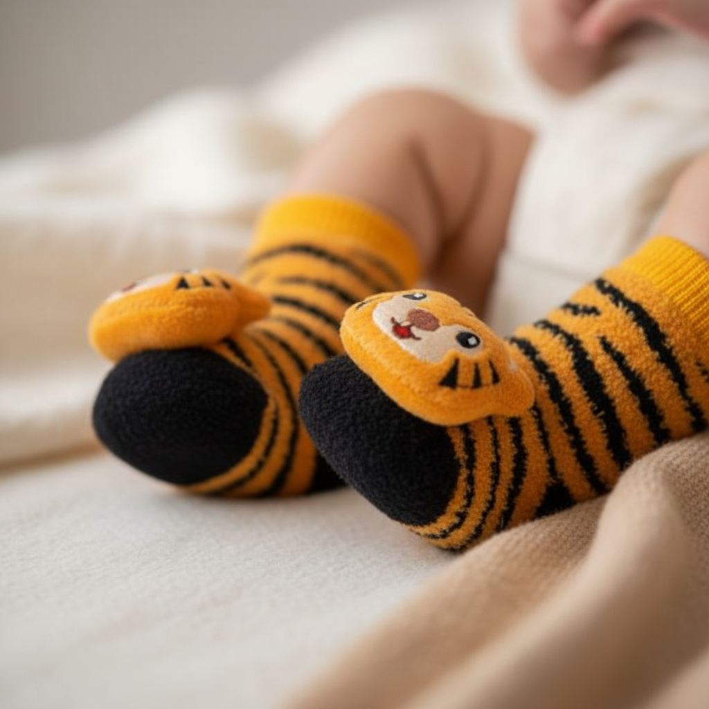 Orange Tiger Stripe Rattle Socks on Infant Feet