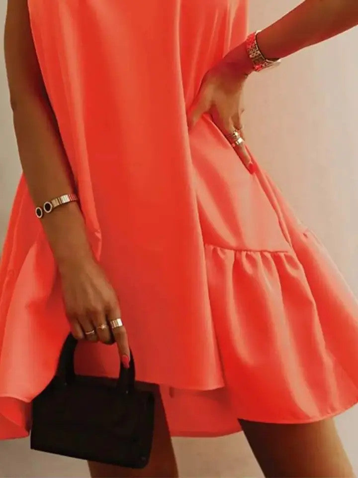 Swing Round Neck Ruffle Hem Dress - Orange
