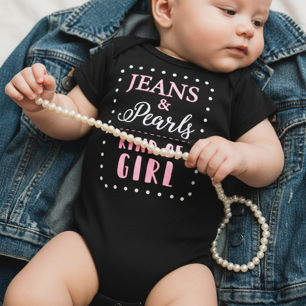 Baby wearing black "Jeans & Pearls Kind of Girl" onesie lying on denim fabric with faux pearls, overhead detail shot