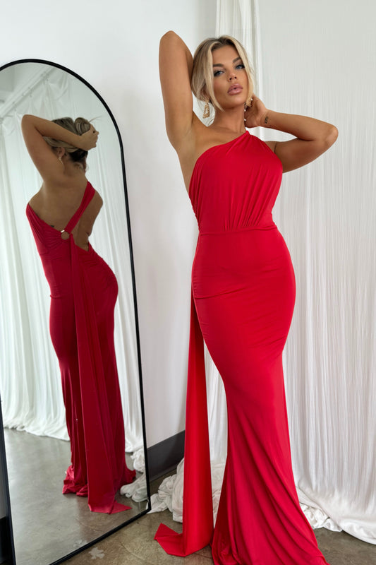 Open Back One Shoulder Multi Way Gown Red