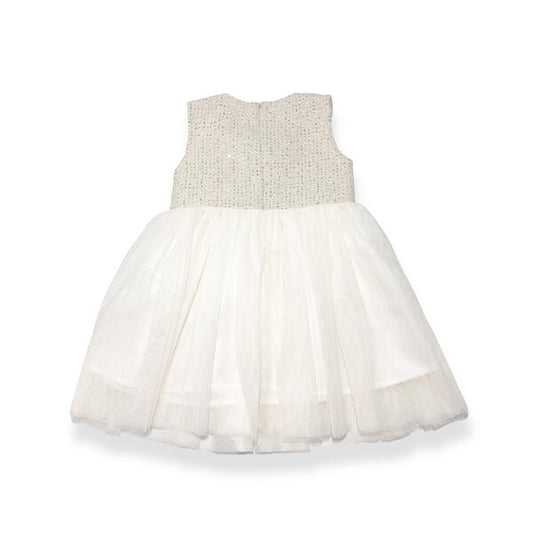 Girls' Pearl Trim Tweed Tulle Dress Ivory