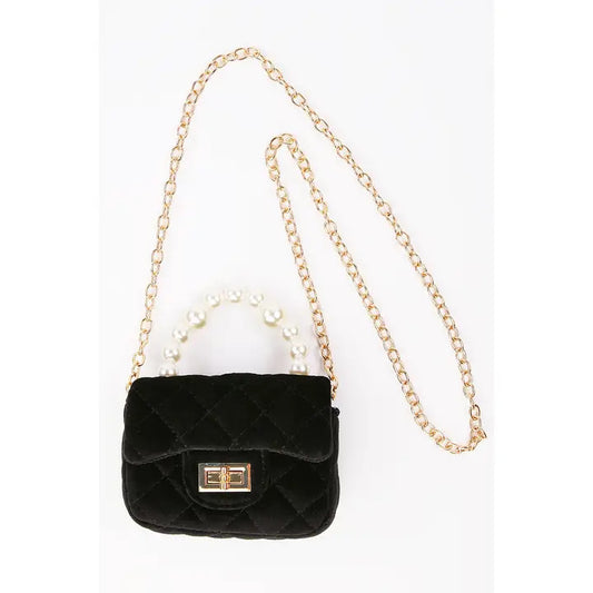 Girls' Mini Quilted Velvet Bag w/Pearl Handle and Gold Chain