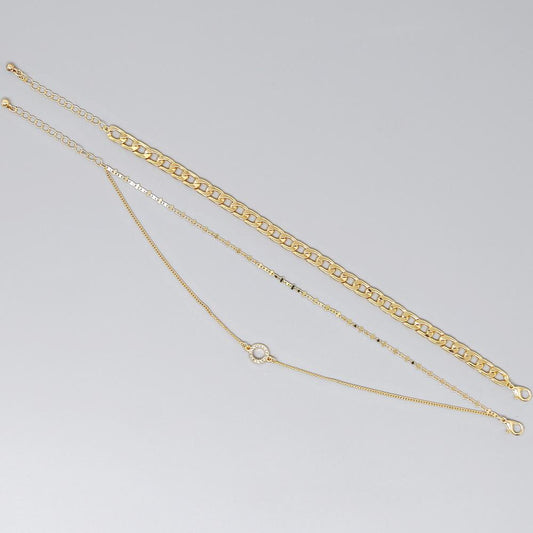 Rhinestone Pave Circle Charm / Curb Chain Anklet Set