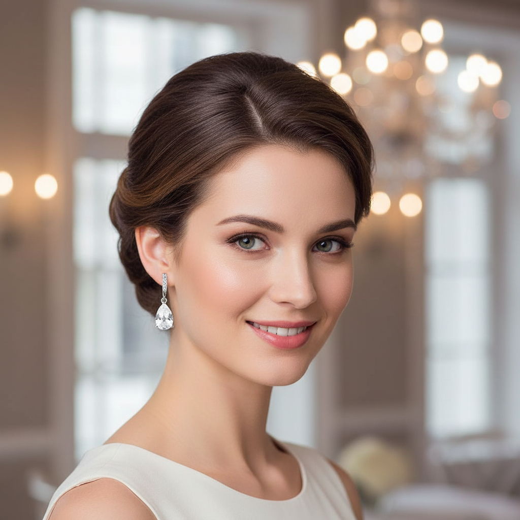 Woman wearing delicate pear-shaped cubic zirconia drop earrings in silver