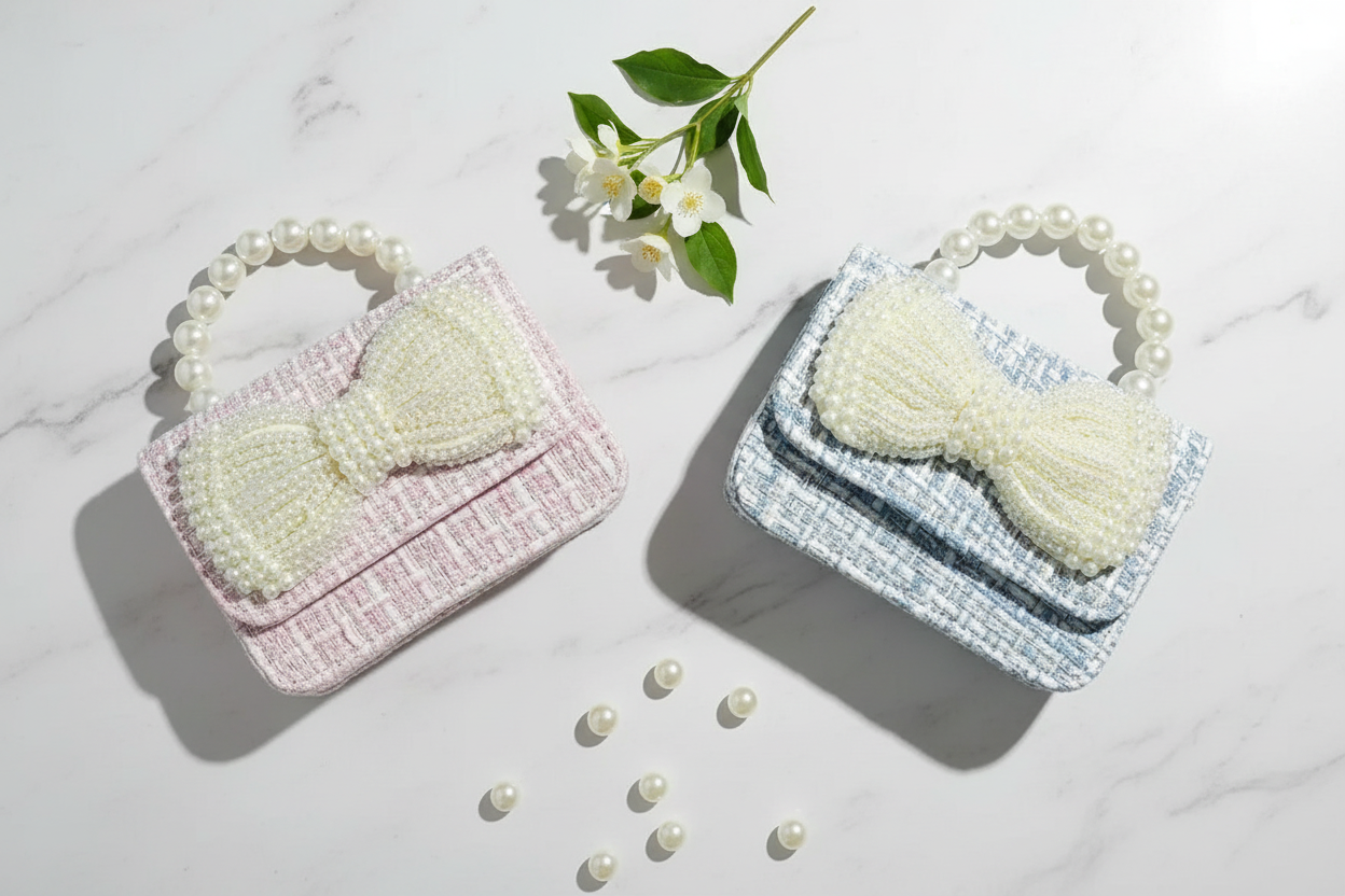 Pearl Bow Tweed Bag Flat Lay - Pink & Blue
