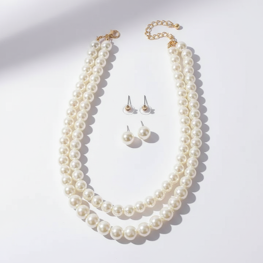 Elegant two-tier white pearl necklace with adjustable gold chain and coordinating pearl stud earrings



