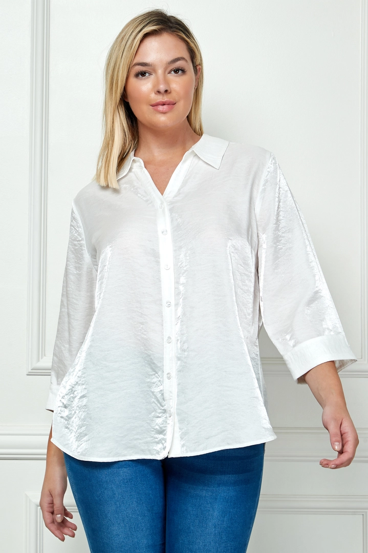 Shimmer 3/4 Cuff Sleeve Collared Button Down Blouse PLUS