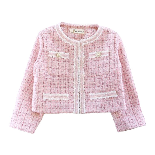 Girls' Pink Sequin Tweed Jacket with Pearl Buttons