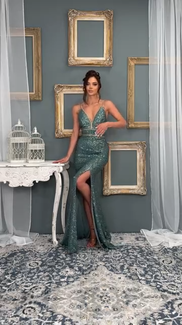 Rhinestone Strap Plunging Sequin Gown