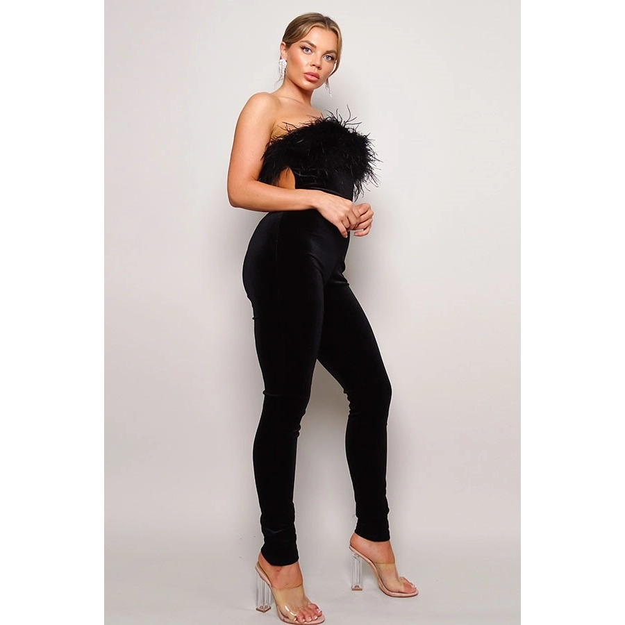 Black Strapless Feather Velvet Catsuit