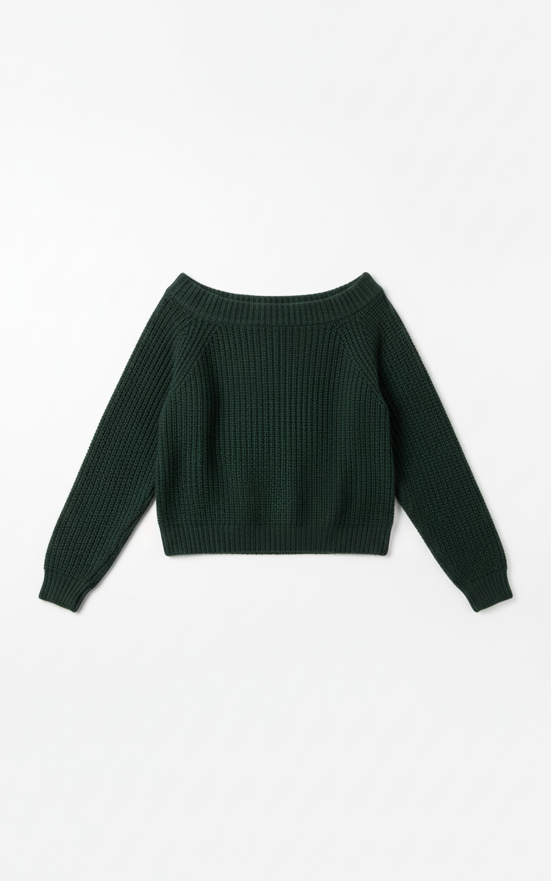 Pine green wide boat neck sweater flat lay showing off-shoulder neckline and relaxed knit construction on white background