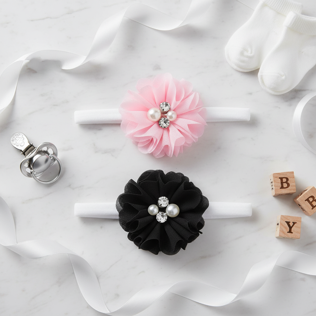 Overhead shot of both your headbands styled on marble with minimal accessories