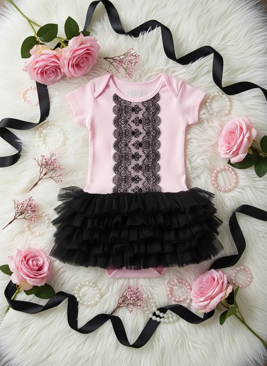 Pink onesie tutu dress with black lace panel and black ruffled tulle skirt on white fur rug with pink roses, pearls, and black ribbon

