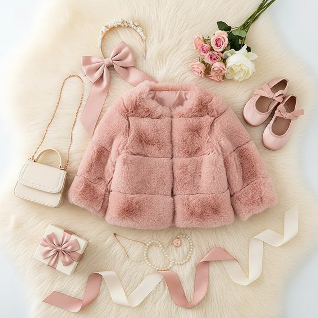 Pink Faux Fur Coat Flat Lay with Handbag