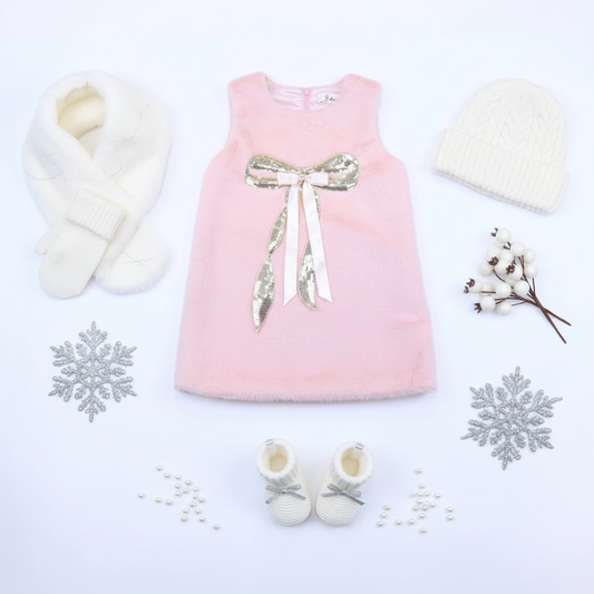 Pink faux fur dress with silver sequin bow styled with winter white accessories and snowflakes in vertical flat lay composition
