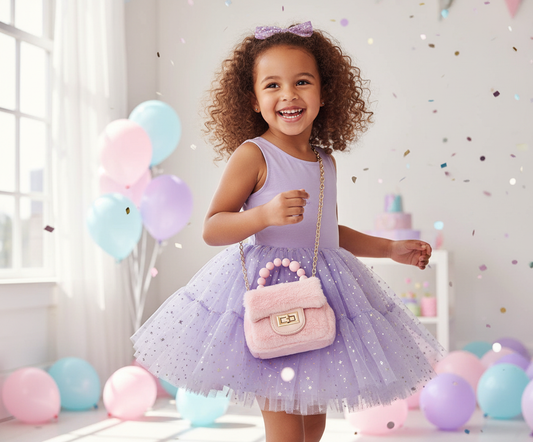 Young girl wearing party dress carrying pink faux fur purse with pearl handle and gold chain at celebration with joyful expression