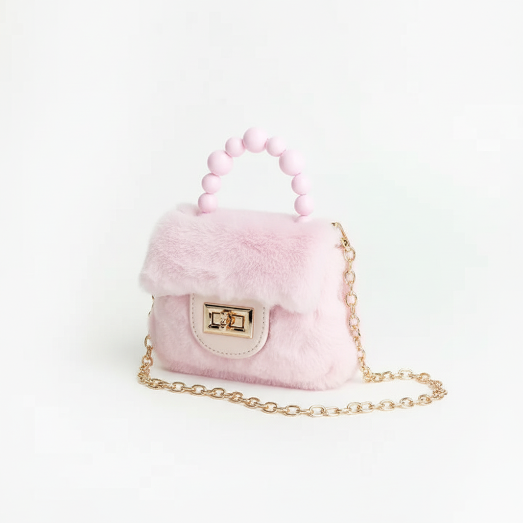 Pink faux fur purse with pearl beaded handle, gold chain strap, and faux leather front flap with turn-lock closure, professional studio product photography on white backdrop