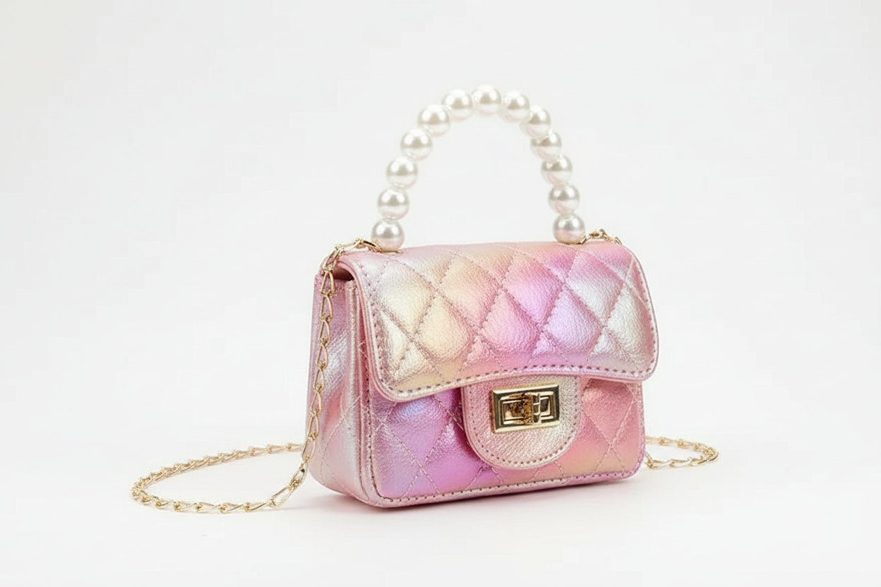 Pink iridescent quilted mini purse with pearl handle and gold chain strap on white background, professional studio product photography
