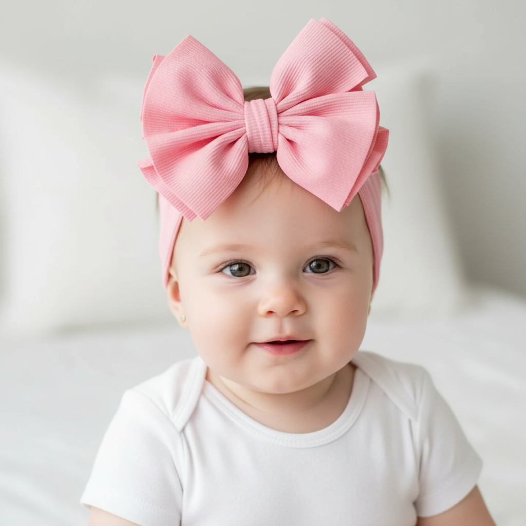 Pink messy bow headband on baby