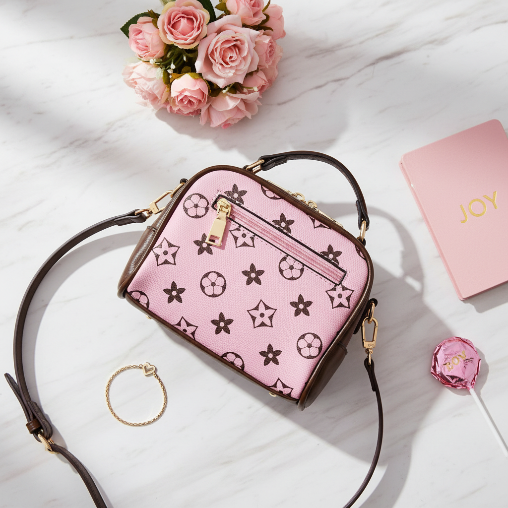 Pink monogram crossbody bag flat lay with flowers