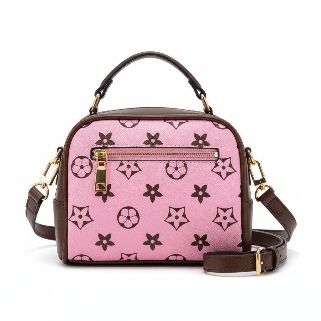 Vibrant pink monogram crossbody bag with brown trim, star and flower pattern on white background