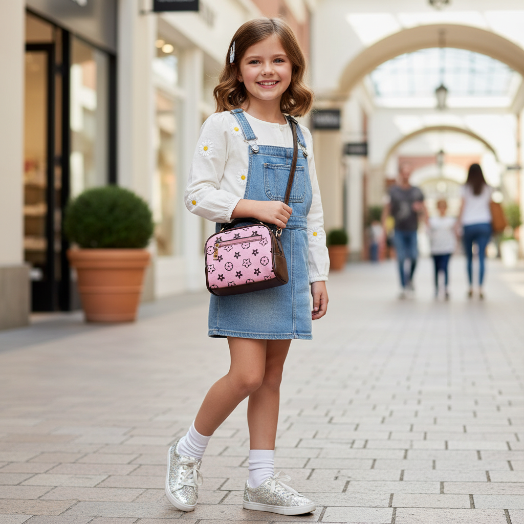 Pink mooung girl wearing pink monogram crossbody bag with brown trim and star pattern