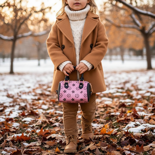Young child in cozy fall winter outfit carrying pink monogram star print cylinder handbag with black handles, seasonal styling