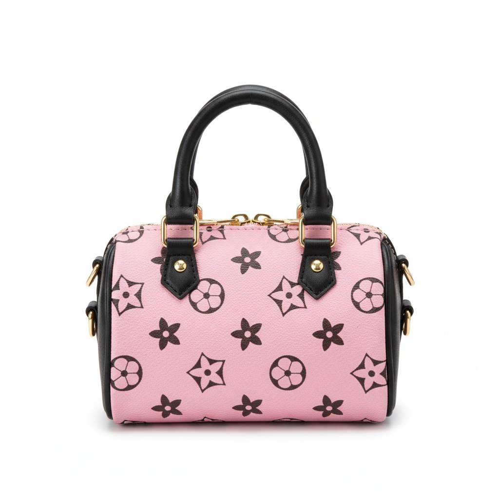 Pink cylinder handbag for girls with black monogram star print and black handles on white background
