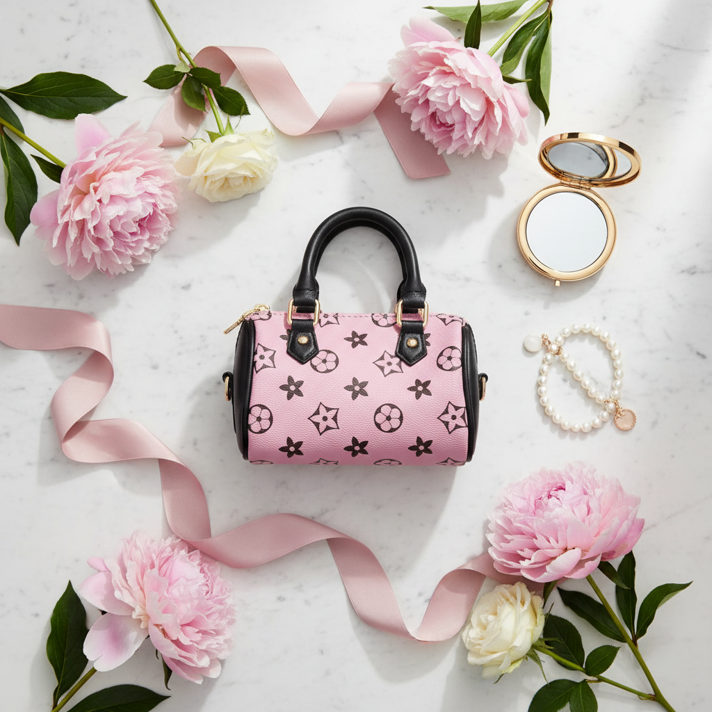 Luxury flat lay of pink monogram handbag with black handles styled on marble surface with fresh flowers and elegant accessories