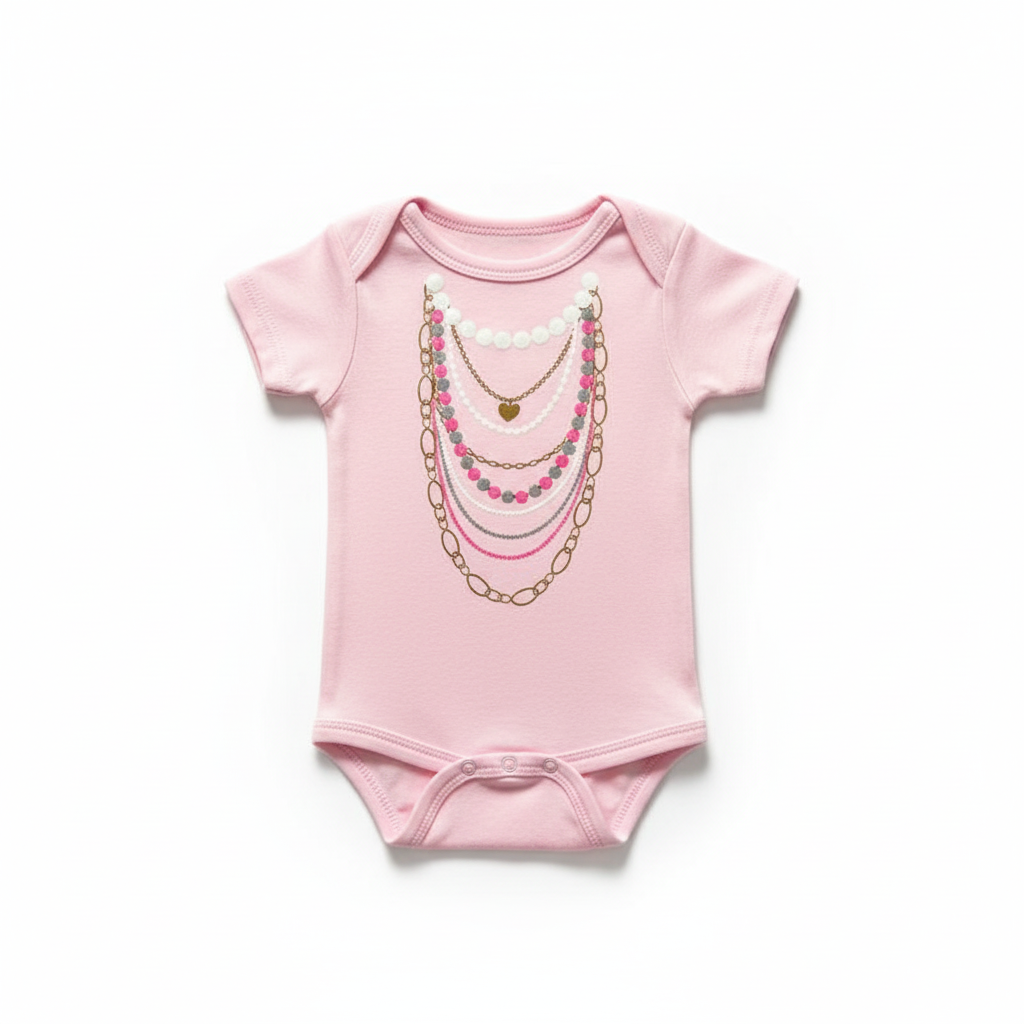 Pink necklace onesie flat lay