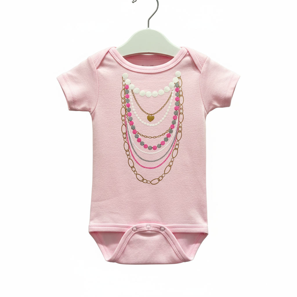 Pink necklace onesie on hanger clean background