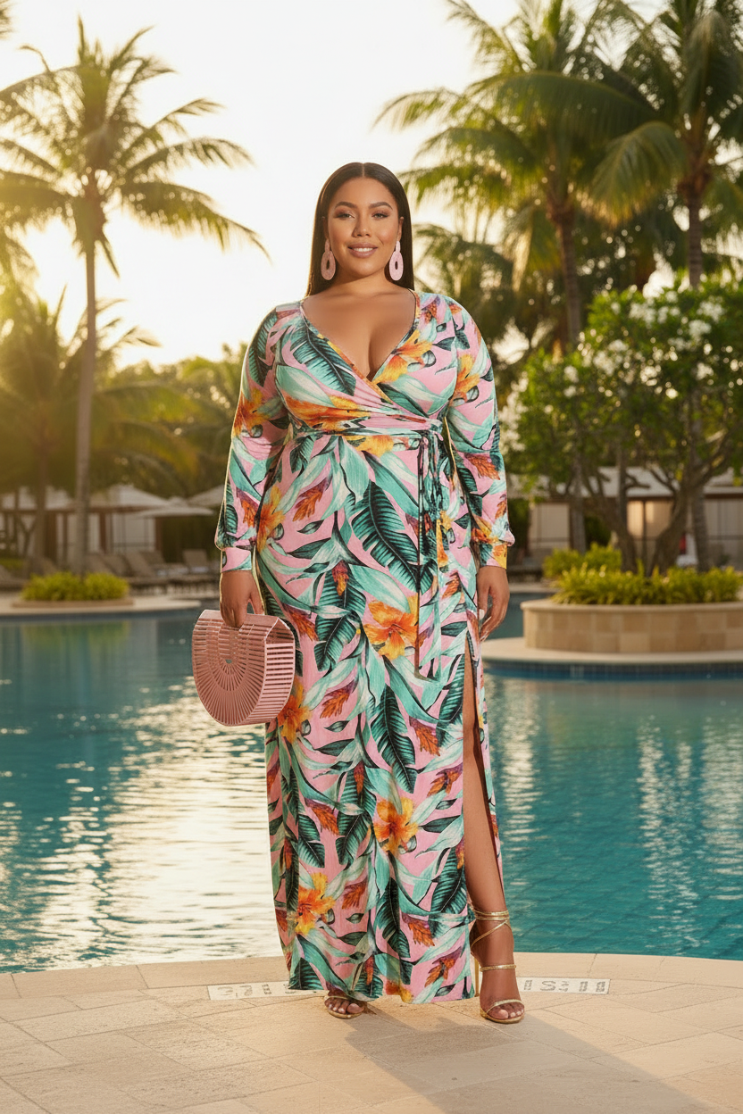 Plus size woman in pink tropical floral wrap maxi dress at resort pool — 3/4 angle, gold strappy heels, statement earrings, golden sunlight