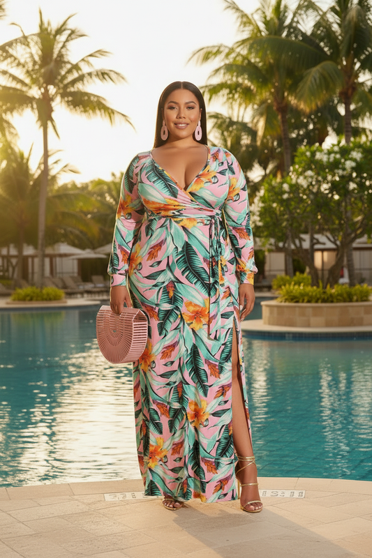 Plus size woman in pink tropical floral wrap maxi dress at resort pool — 3/4 angle, gold strappy heels, statement earrings, golden sunlight