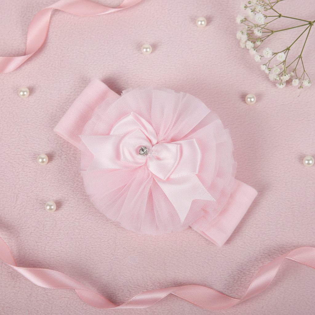 Pink tulle flower headband with rhinestone center and satin ribbon bow flat lay styled with ribbons and pearls on soft fabric background