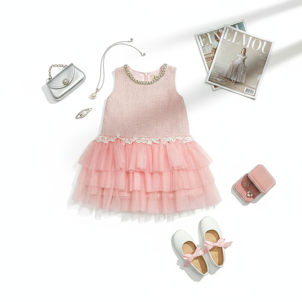 Pink tweed dress flat lay with accessories