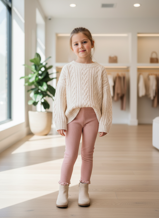Young girl wearing dusty rose pink ribbed leggings with pearl scalloped hem and cream cable-knit sweater