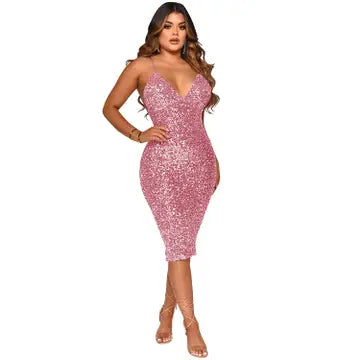 Woman wearing pink sequin V-neck midi dress with bodycon fit and all-over sparkle embellishment